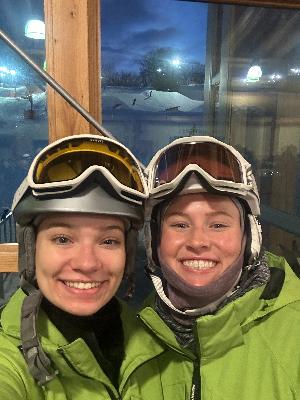 Maria & Aleia in their Courage Kenny green jackets, ready to hit the slopes!